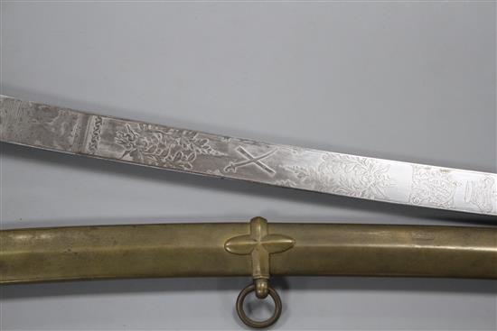 A Victorian general officers mameluke sword, gilt hilt, ivory grips, the etched blade by Ranken & Co. Calcutta, brass scabbard, blade